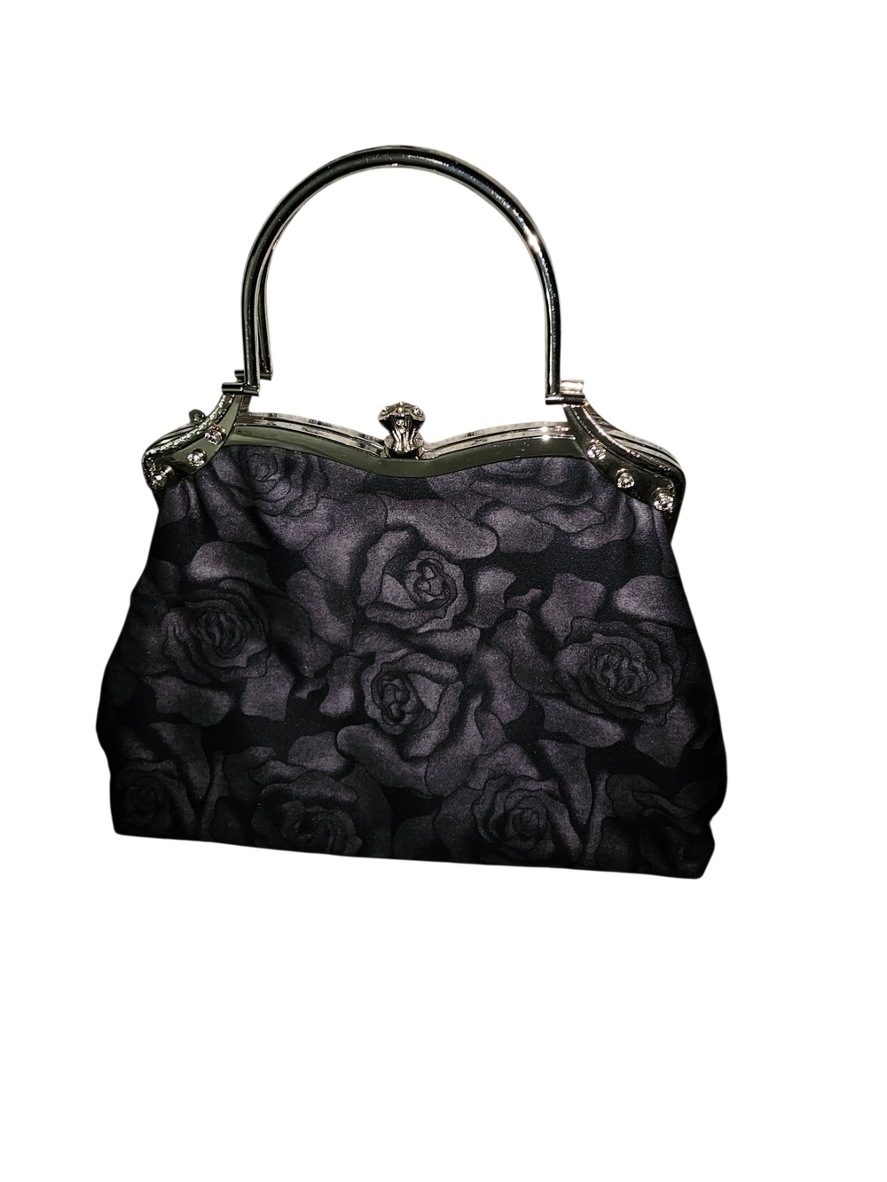 Elegant Black Rose Jacquard Evening Wristlet with Silver-Tone Frame